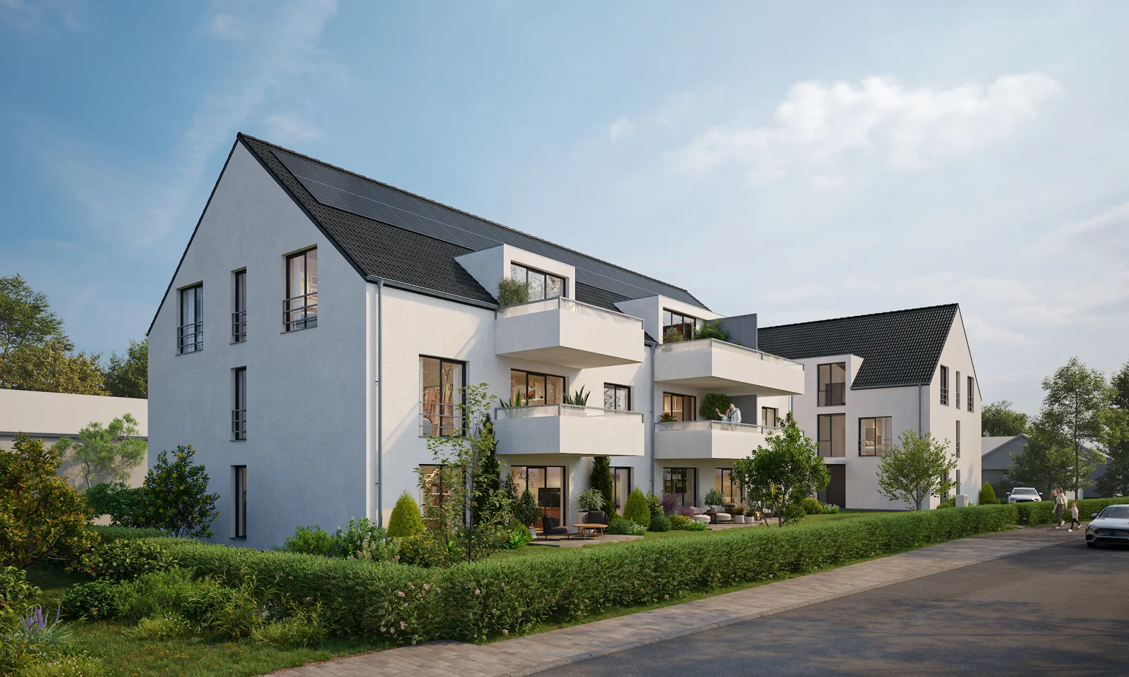 Architekturvisualisierung des Wohnensembles von der Straße