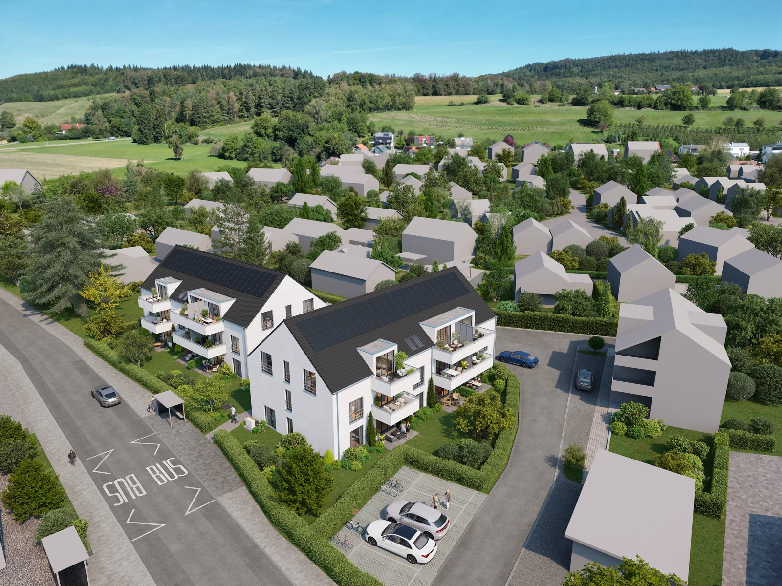 Architekturvisualisierung des Ensembles von oben